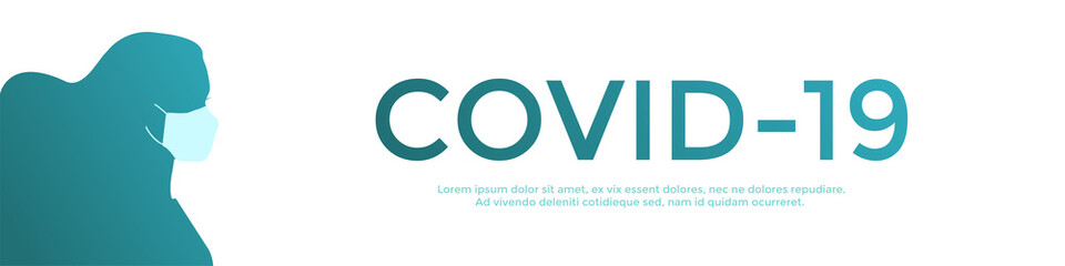 Vector background with silhouette of woman wearing face mask and text COVID-19. Medical theme banner with copy space. Horizontal poster can be used as a template, website header.