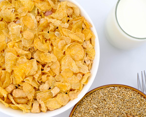 cereal in a white bowl on background. Healthy breakfast concept.