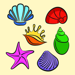 Summer sea concept with colored shells and starfish, bright drawn set. Vector illustration