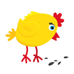 Cute funny little chick chiken hen cartoon flat style design vector illustration isolated on white background. Funny yellow chicken standing up on the ground.