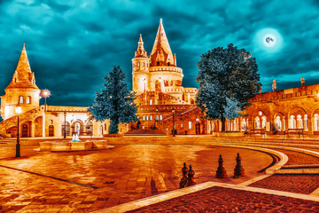 View on the Old Fisherman Bastion in Budapest. Night time.