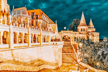 View on the Old Fisherman Bastion in Budapest. Night time.