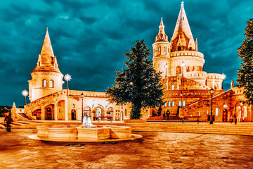 View on the Old Fisherman Bastion in Budapest. Night time.