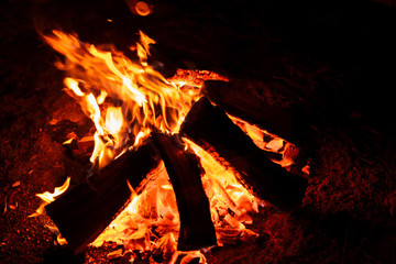 Campfire at night outdoors.