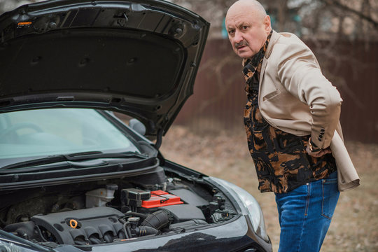 Senior Man Have A Problem With A Car, Trouble At Road