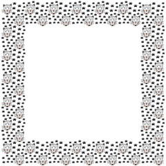 A square frame of spotty portraits of cute leopards with pink cheeks and collars on shirts and footprints. Children's funny hand-drawn template for text in scandinavian style. White background. Vector