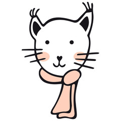 Lynx face with rosy cheeks and mustache on its face and a pink scarf on its neck. White background. Cute isolated hand-drawn doodle in scandinavian style for the design of children's products. Vector.