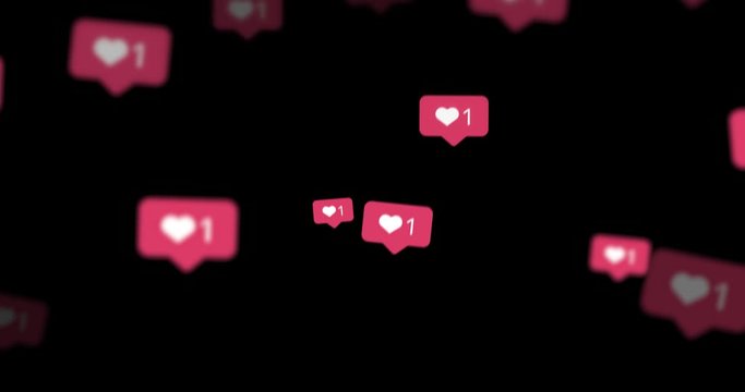 Animation of like icons motion on black background. Social media heart icon animation. Love, success, number, follow, community concept.