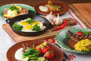 Healthy breakfast and clean eating concept from above. Copy space banner.