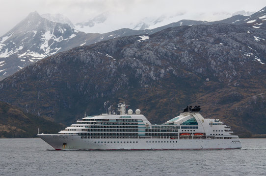Beagle Channel, Chile - December 10, 2012: Luxury cruise ship named the Seabourn Sojourn sails on the spectacular Beagle Channel, Chile. Overcast. 