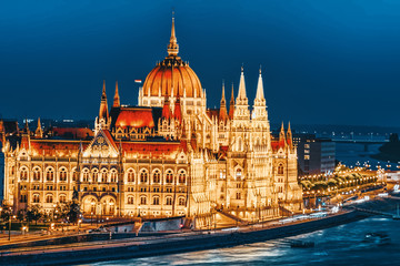 Fototapeta premium Hungarian Parliament at evening. Budapest. One of the most beautiful buildings in the Hungarian capital.