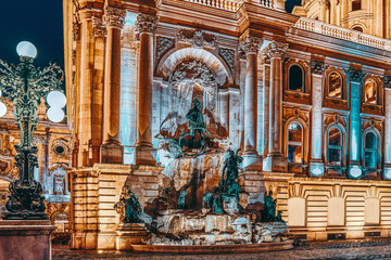 Matthias Fountain-is a monumental fountain group in the western forecourt of Buda Castle, Budapest. Hungary. - obrazy, fototapety, plakaty