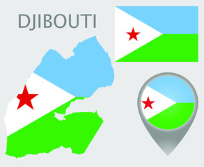 Colorful flag, map pointer and map of Djibouti in the colors of the djiboutian flag. High detail. Vector illustration