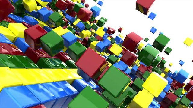 Cubes all colors rainbow fast jumping on white background. 3D-animation of rectangular objects