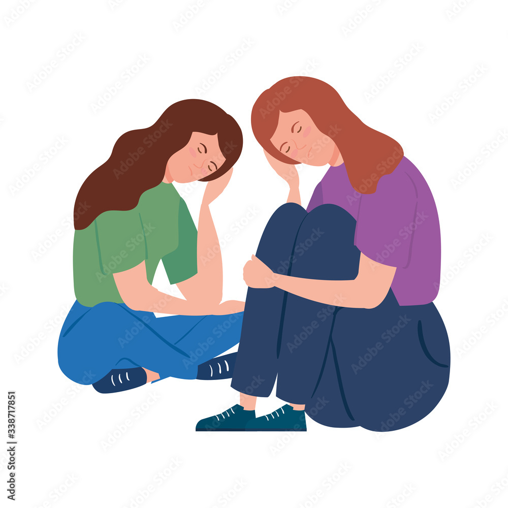 Sticker young women sitting with stress attack vector illustration design