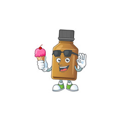 Cute syrup cure bottle cartoon character enjoying an ice cream
