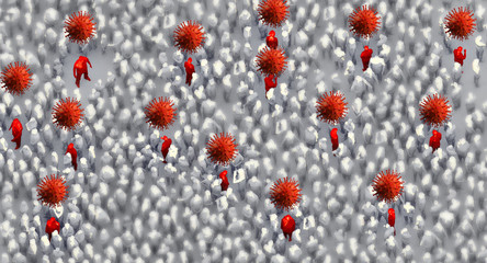 3D illustration of crowd people infected covid-19 coronavirus spread from spreder who carry covid virus ny himself and stay in public group of healthy people health ideas concept