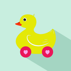 Wooden toy duck isolated on blue background. Vector illustration.