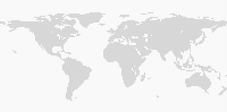 Simplified symbolic dot pattern world map. Flat earth. Light grey map template for mobile apps, websites, annual reports, infographics. Globe map icon. Travel worldwide backdrop