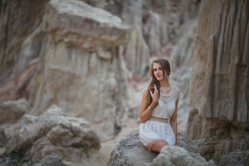 Travel to Asia, Vietnam. Beautiful girl, blonde walks in the sights of Muine
