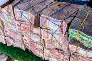Hargeysa, Somaliland - Nobember 10, 2019: Boxes of Colorful Money selling on the Street
