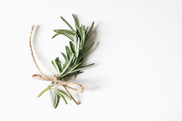 Closeup of fresh rosemary herb branch with craft rope isolated on white table background. Healthy...