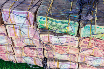 Hargeysa, Somaliland - Nobember 10, 2019: Boxes of Colorful Money selling on the Street