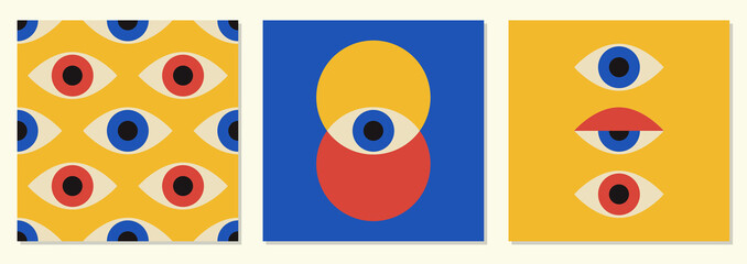 Obrazy na Szkle  Zestaw minimalnych wzorów geometrycznych z lat 20. z oczami, szablon wektorowy z elementami prymitywnych kształtów