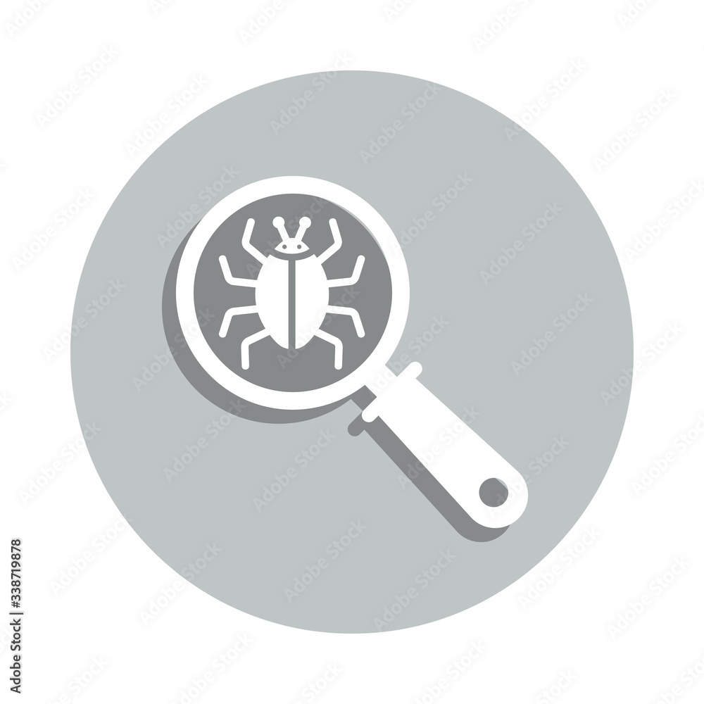Poster bug inspection, computer virus, corrupted file, internet security badge icon. simpleglyph, flat vect