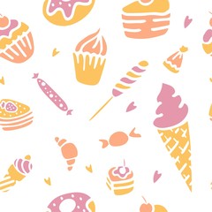 Hand drawn texture. Sweets and desserts. Print, fabric, wrapping