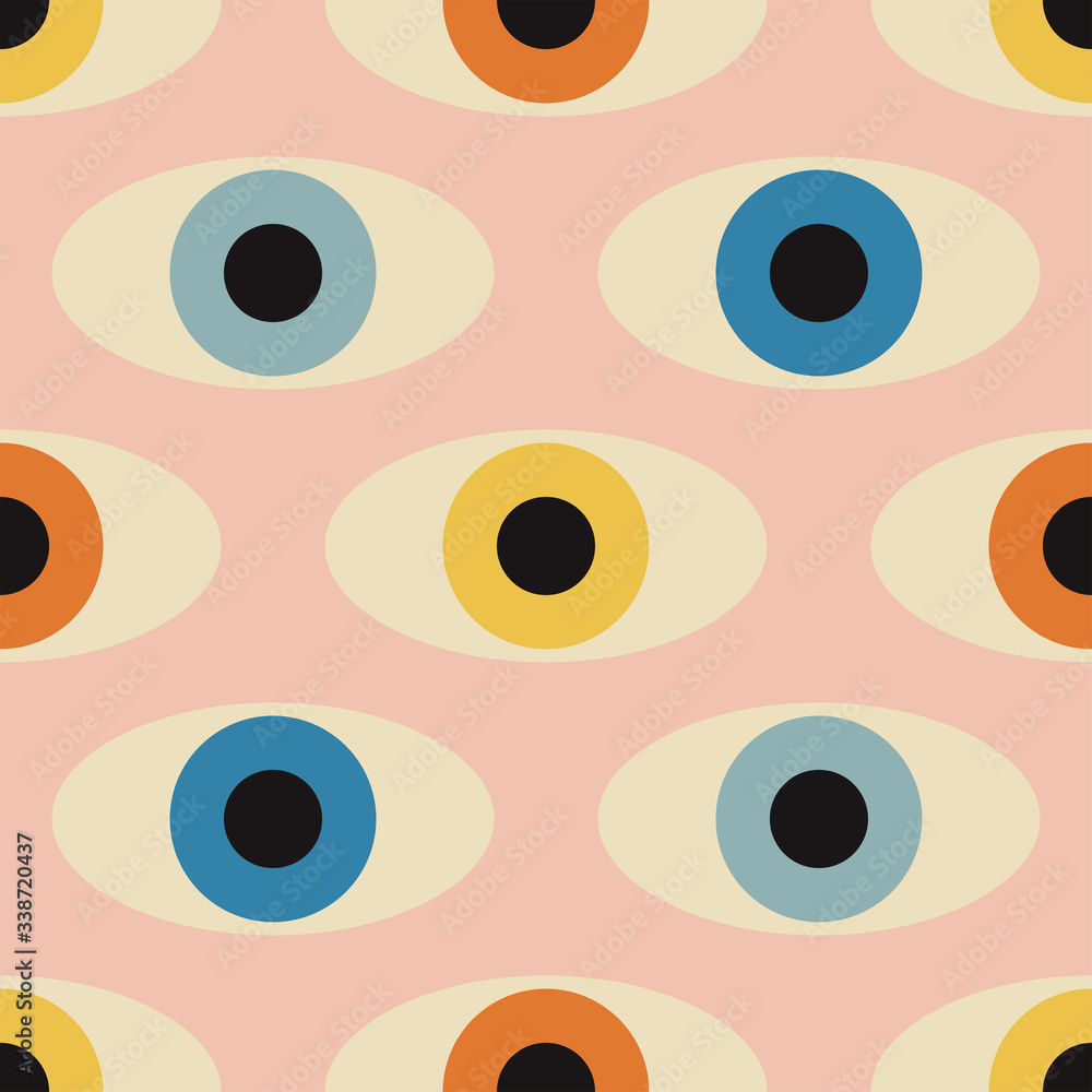 Wall mural seamless pattern with minimal 20s geometric design with eyes, vector template with primitive shapes 