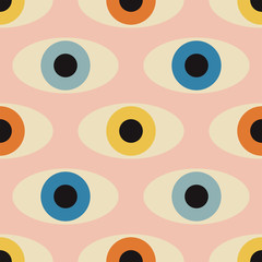 Seamless pattern with minimal 20s geometric design with eyes, vector template with primitive shapes elements