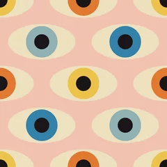 Deurstickers Ogen Naadloos patroon met minimaal 20s geometrisch ontwerp met ogen, vectorsjabloon met primitieve vormenelementen