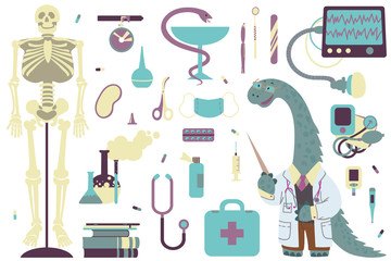 A set of clipart on the topic of medicene and science. Doctor and attributes for medicene. Vector.