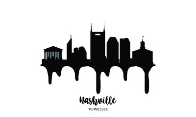 Nashville Tennessee USA black skyline silhouette vector illustration on white background with dripping ink effect.