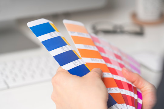 Graphic designer chooses colors from palette guide for painting and printing a new creative business work