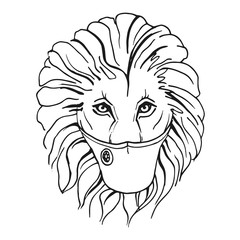A lion in a protective medical mask. Vector outline illustration.