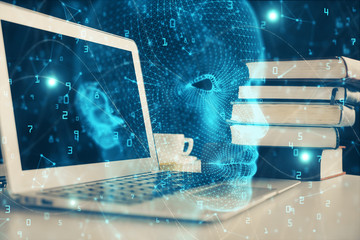Double exposure of work space with computer and human brain drawing hologram. Brainstorm concept.