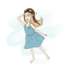 Llittle girl wants to become a pilot and fly a plane. Cartoon child in a dress and glasses and pilot's hat looks up at the sky and rejoices