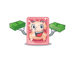 A wealthy frozen chicken cartoon character having money on hands