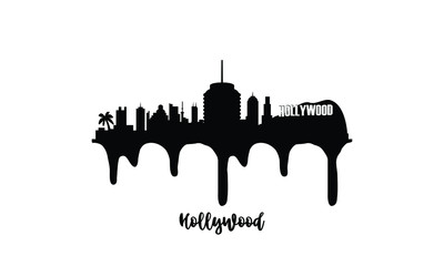 Hollywood USA black skyline silhouette vector illustration on white background with dripping ink effect.