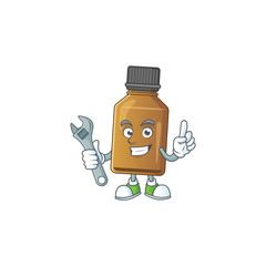 A mechanic syrup cure bottle mascot character fix a broken machine