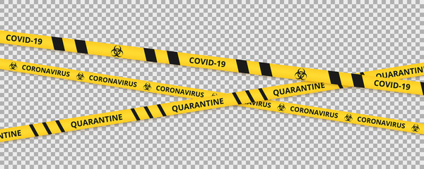 Coronavirus background of quarantine tape border. Warning coronavirus quarantine yellow and black stripes. - obrazy, fototapety, plakaty