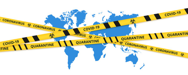 Coronavirus background of quarantine tape border above the world. Warning coronavirus quarantine yellow and black stripes.