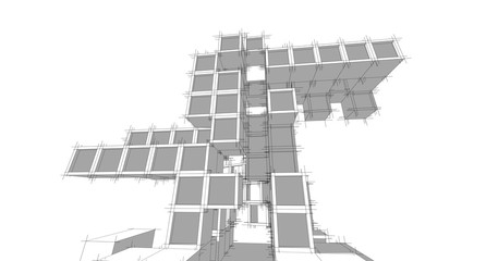 Modern architecture in a beautiful metropolis.Freehand line drawing illustration, 3D illustration.