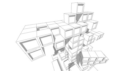 Modern architecture in a beautiful metropolis.Freehand line drawing illustration, 3D illustration.