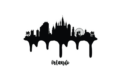 Orlando Florida USA black skyline silhouette vector illustration on white background with dripping ink effect.