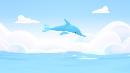 Cartoon dolphin and sea. 3d rendering picture.