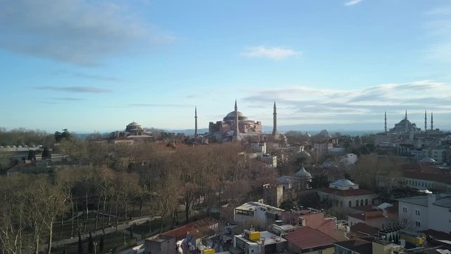 Aerial View of Hagia Sophia Mosque and Museum, Former Catholic Cathedral, Landmark of Istanbul Turkey