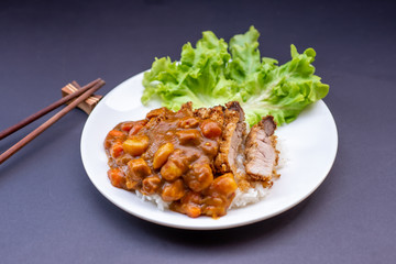 Rice with deep fried pork and curry in Japanese style. soft focus